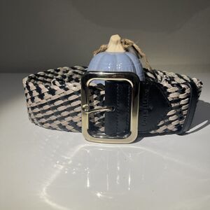 Cole Haan Belt Women’s Large Woven Gray Black Leather Silver Buckle Classic EUC!